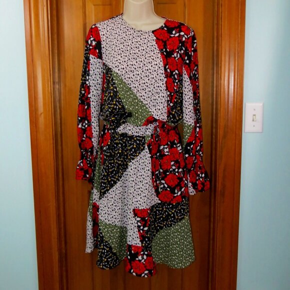 Libby Edelman Patchwork Dress Red/White/Black/Green Long Sleeve Lined Skirt Sz M - Picture 1 of 9